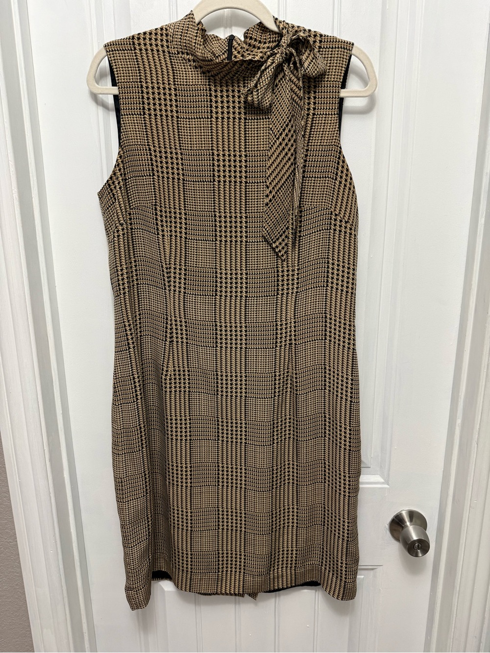 Talbots Vintage Sz 12 Silk Brown Black Houndstooth Dress With Neck Tie (32-7)